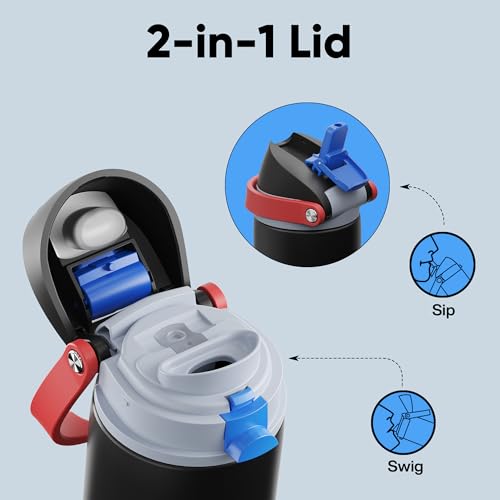 Image of Insulated Water Bottle with Straw - Encool Stainless Steel Water Bottle with Push Button Lid, Leak-Proof & BPA-Free, Keeps Cold for 24 Hours for Sports, Travel, Gym (24 oz, Oil Black)