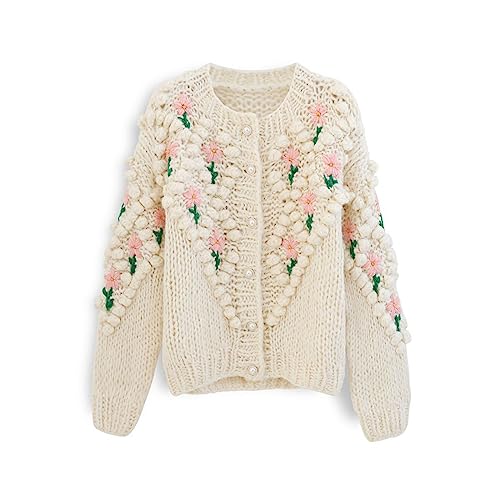 CHICWISH Women's Purple/Cream Stitch Floral Diamond Pom-Pom Hand Knit Cardigan2