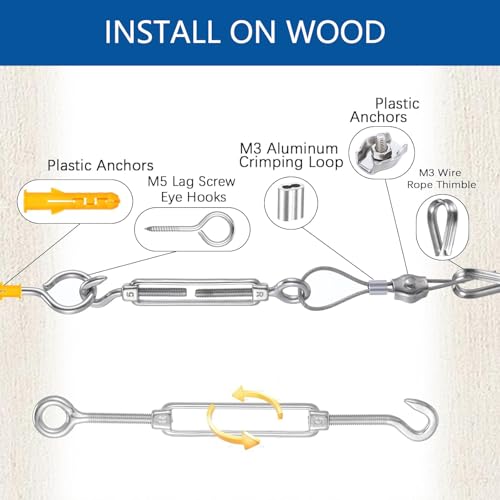 35M Drahtseil Rankhilfe Set 2mm Stahlseil Ummantelt Langlebiges Stahlseil-Set mit Seilspanner,Drahtseilklemme, Stahlseil ummantelt für Kletterpflanzen,Gardinen,Beleuchtung und String Light Hanging