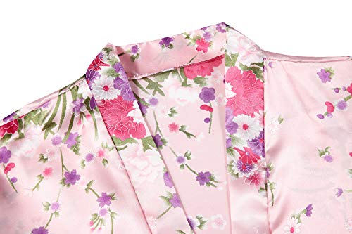 Women's Short Floral Kimono Robe Blossom Bathrobe for Wedding Party Bridal Dressing Gown Sleepwear Pink
