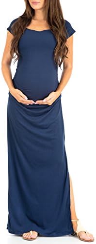 Mother Bee Maternity Short Sleeve Ruched Side Bodycon Dress with Side Slit Navy
