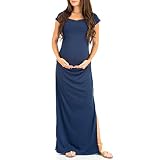 Mother Bee Maternity Short Sleeve Ruched Side Bodycon Dress with Side Slit Navy