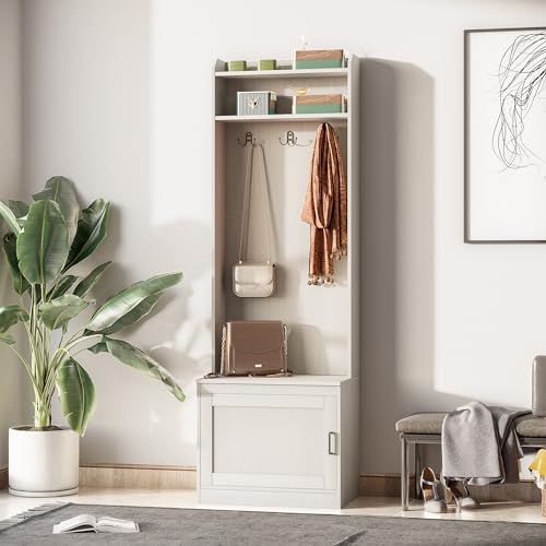 image for HOMCOM Narrow Hall Tree with Shoe Storage Bench, Rustic Entryway Bench