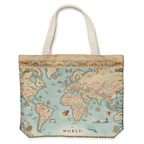 Xplorer Maps World Map Canvas Tote Bag with Handles, Cloth Grocery Shopping Bag, Reusable & Eco-friendly Bag, 100% Cotton, Washable, 18 wide x 15 tall