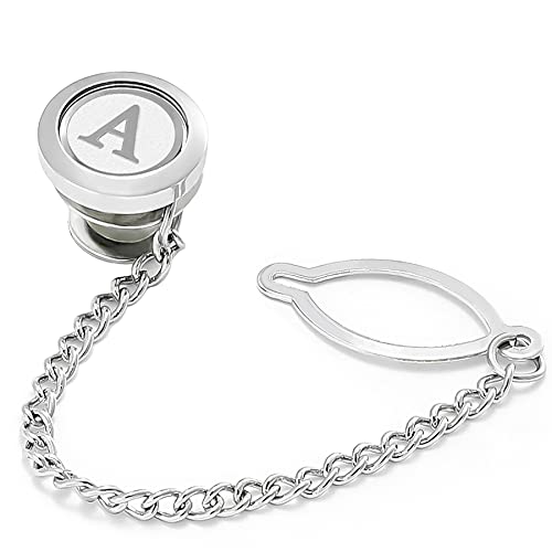Dannyshi Mens Tie Pins With Chain Round Silver Wedding Business Initials A-Z Tie Clip Gift (A) #TOP1