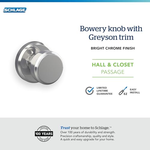Image of SCHLAGE F10 BWE 625 GSN Greyson Collection Bowery Passage Lock Knob, Bright Chrome