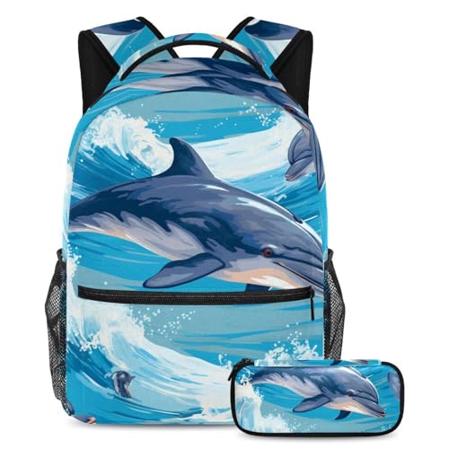 Grand sac à dos enfant baleine de l'océan bleu étanche avec trousse scolaire, confort garanti