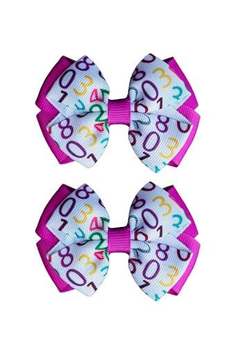 MeiMei Multicolour Numbers Maths Pattern 3.25 Inch Grosgrain Ribbon Hair Bow, Slide Barrettes Alligator Hair Clips, Handmade Grils Hair Accessories, 2 Pieces (Numbers 1, BTF25, Clips) - View 2
