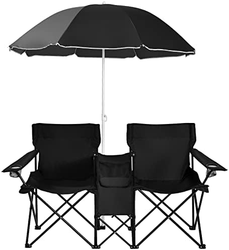 SILKYDRY Double Folding Camping Chairs, Portable Outdoor Chairs w/Ice Bag, Pocket, Carry Bag, Removable Umbrella & Cup Holder, Weather Resistant 2-Person Picnic Chairs for Patio, Pool, Lawn (Black)