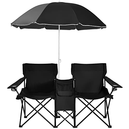 Silkydry Double Folding Camping Chairs, Portable Outdoor Chairs W/Ice Bag, Pocket, Carry Bag, Removable Umbrella & Cup Holder, Weather Resistant 2-Person Picnic Chairs For Patio, Pool, Lawn (Black) #TOP28