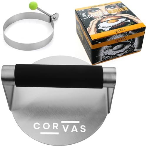 CORVAS - Smash Burger - Aplastador de Hamburguesas - Smash Burger Kit - Prensa Hamburguesas - Smasher de Acero Inoxidable 304 Soldado en Una Pieza - Incluye Accesorio para Huevos