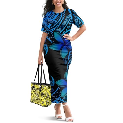 Image of Puletasi Samoan Traditional 2 Piece Outfits for Women Short Sleeve Crop Top and Maxi Skirt Sets Puletasi Dress