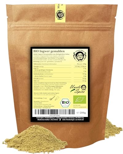 UNCLE SPICE® BIO Ingwerpulver - 200g Ingwer-Wurzel fein gemahlen in PREMIUM-BIO-QUALITÄT - Ginger powder, Ingwer-Pulver, Ingwerwurzel, DE-ÖKO-005 - Ajurveda Ingwertee
