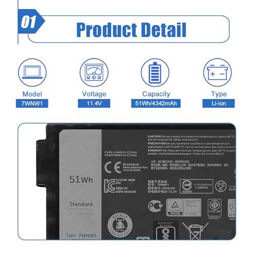 Image of 51Wh 7WNW1 Laptop Battery Compatible with Dell Latitude 5424 5420 7424 Rugged Extreme P85G P86G P137G001 P137G002 P85G001 P86G001 Series DMF8C 0DMF8C GK3D3 07WNW1 11.4V 4342mAh