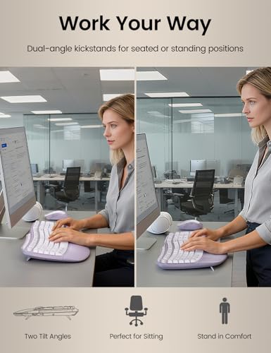 Image of Purple MA31 Ergonomic Wireless Keyboard and Mouse Combo, Full Size Wave Key | Memory Foam Leather Wrist Rest, Stable 2.4GHz Wireless, 6-Button Mouse, USB-A /USB-C Adapter for Office Computer Laptop Tablet