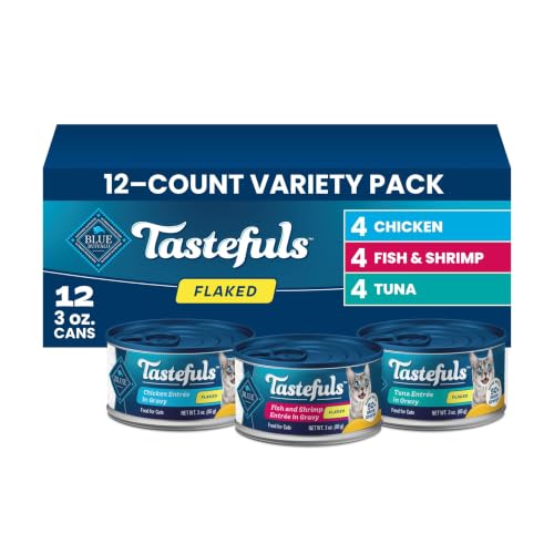 Blue Buffalo Tastefuls Flaked Adult Wet Cat Food Variety Pack (Tuna, Chicken, Fish & Shrimp), Natural Ingredients Enhanced with Vitamins, Minerals & Other Nutrients, 3-oz. Each (12 Cans)