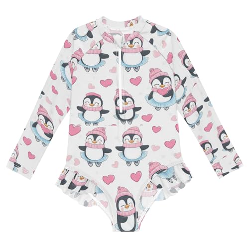Cute Penguin and Pink Love Heart Girls Long Sleeve Swimsuit Rash Guard One Piece Bathing Suits Zipper 3-12T