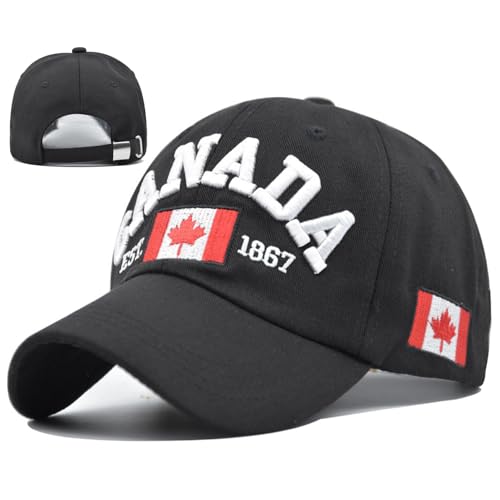 Canada Hat Golf Baseball Cap for Men Embroidered Canada Maple Leaf Hat Dad Flag Hats Black Embroidery Vintage Cotton Trucker Hats for Men Women Headwear Adjustable Outdoor Sun Caps Canadian Mens Gifts