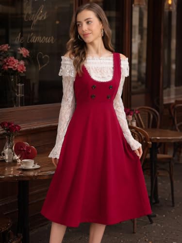 Image of Allegra K Cute Overall Dress for Women's Preppy Pinafore Midi Dresses | Gothic Style, Vintage Outfits, Lace Trim, U Neck, A-Line, Fit and Flare, Long Dresses, with Pockets