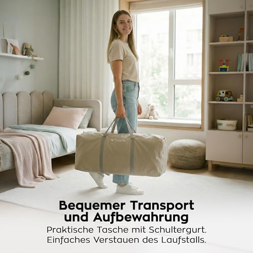Tulano Cozy 20 Laufstall Baby 130x130 cm mit Boden – Spielgitter für Babys 6 bis 36 Monate – Tragbar Innen Außen – Faltbar – Netzwände – Metallrahmen – Kinderschutz – Reisegitter – Laufgitter – Beige