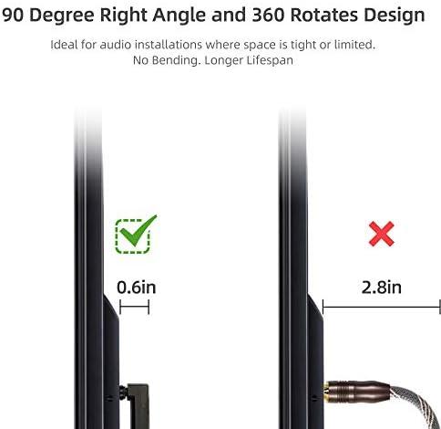 Optical Cable (2m) 90 Degree Optical Audio Cable, Slim Digital SPDIF Audio Optical Cable, 360 Degree Right Angle Fiber Optic Toslink Cable for Sound Bar, TV, PS4, Xbox, Home Theater
