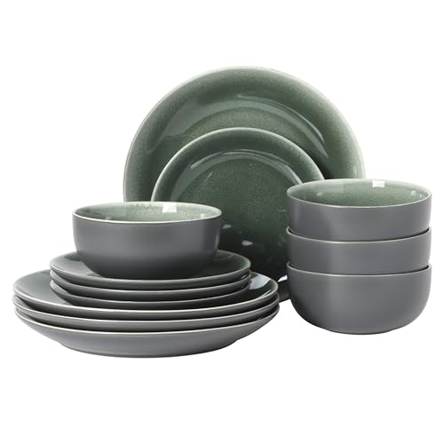 Image of Gibson Elite Pine Coast Plates and Bowls Sets, 12-Piece Stoneware Dinnerware Sets, Reactive Glaze Dish Set - Green