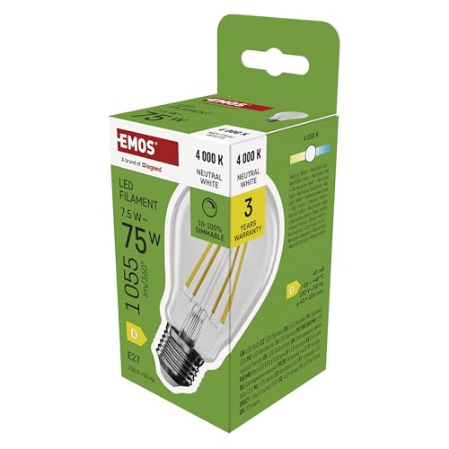 EMOS - Dimmbare Edison LED Lampe 7,5 W - Filament Glühbirne A60 Ersatz für 75W - Vintage-Stil mit E27 Sockel - Helligkeit 1055 lm, Neutralweiß 4000 K, 25000 h Lebensdauer - CRI 80, 320° Abstrahlwinkel