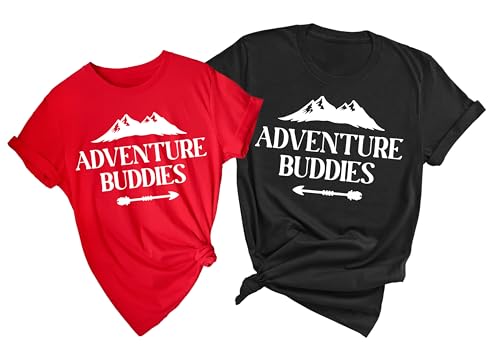 Couples Adventure Buddies T-Shirt, Matching Mountain Outfit for Women, Hiking Camping Tees, Vacation Camper Shirt, Forest Casual Print Short Sleeve Tops, Travel Clothes
