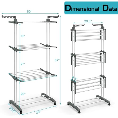 Large Clothes Airer, Clothes Drying Rack, 4-Tier Collapsible Laundry Rack Stand Garment Drying Station with Wheels and 2 Hooks, Easy Assembly, Indoor-Outdoor Use, for Bed Linen, Clothing, Socks, Grey - Image 6