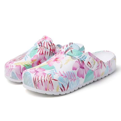 Image of Eliogn Women's Garden Clogs with Print, Waterproof Slip Resistant Work Clogs, Lightweight EVA Slip-On Mules, Cushioned Comfortable Shoes for Nurse, Chef, Kitchen, Beach