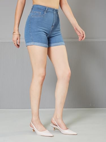 Image of Miss Chase Women's Relaxed Fit Mid Rise Highly Distressed Regular-Length Denim Shorts