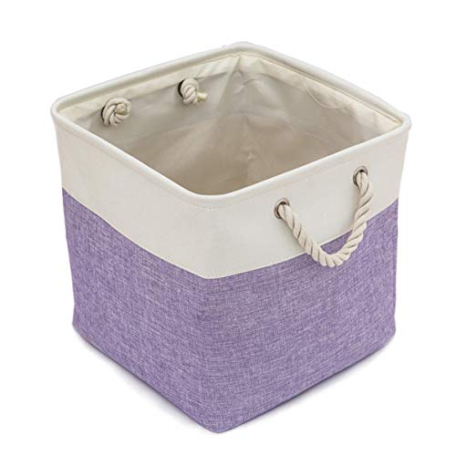 LLSHN Grand panier de rangement pliable en tissu avec poignées en coton pour serviettes, livres, jouets, vêtements 33 x 33 x 33 cm (blanc/violet, 1 pièce)
