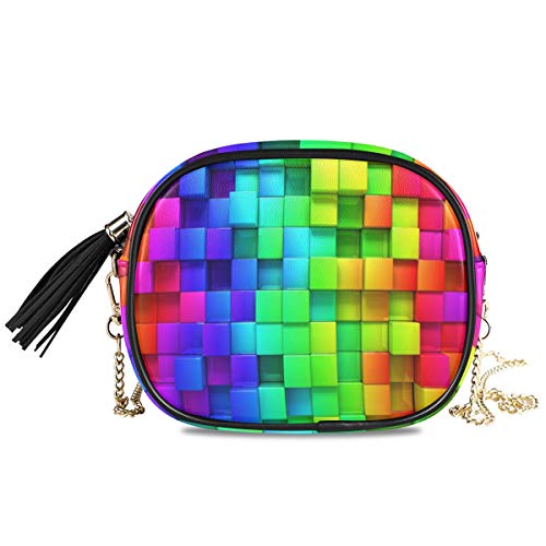 ALAZA Women's Rainbow of Colorful Boxes Cross Body Bag Chain Shoulder Handbag Purse with Tassel