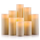Onlyhome Flameless Candles, Battery Operated Real Wax Pillar LED Candle, Ivory Color, Set of 9 (D 2.2