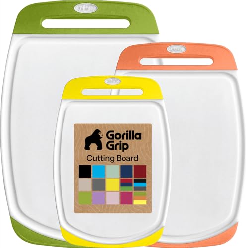 GORILLA GRIP BPA-Free Reversible Kitchen Cutting Board Set of 3 US Designed, Nonporous, Juice Grooves Catch Liquid, Slip Resistant Border, Dishwasher Safe Large Food Chopping Boards, Lime Orange Lemon