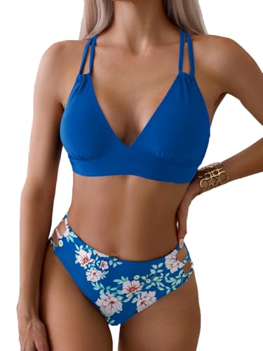 Image of Fanuerg Women's Sexy V Neck Bikini Sets Hollow Out Two Piece Swimsuits Cutout Mid Waist Bathing Suit