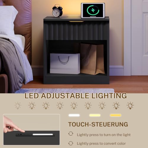 Image of TEENFON Fluted Nightstands Set of 2, Night Stand with Charging Station and LED Light, Nightstand with Storage Drawer and Open Shelf, Bedside Table for Small Space, Bedroom, Black