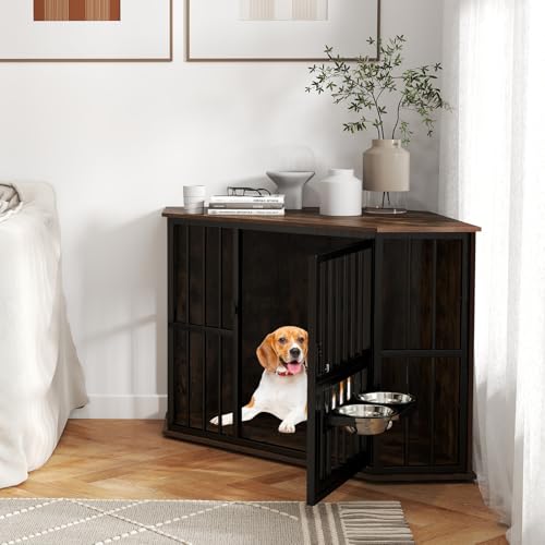 COSTWAY Eck Hundekäfig Möbel, Hundehütte mit verstellbarem Futterspender, 2 Edelstahlnäpfen & abschließbarer Tür, Hundebox aus Holz und Metall, für kleine mittelgroße Hunde, Indoor, Braun