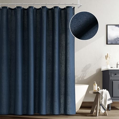 Naturoon - Cortina de ducha azul marino para baño, lino texturizado con dobladillo pesado, juego de cortina de ducha con ganchos, decoración de accesorios de baño náuticos de lujo para hombres, 72 x