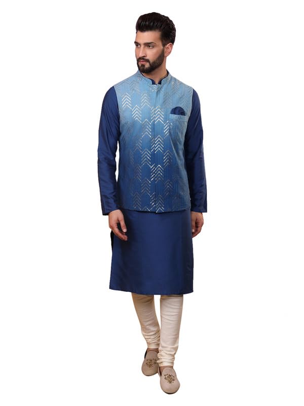 Image of KISAH Men's Navy Blue Printed Cotton Kurta - Regular Fit Long Tunic with Mandarin Collar | Ethnic Wear for Weddings & Festive Occasions