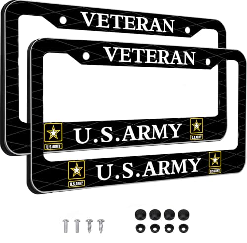 Image of 2PCS License Plate Frames for Veteran U.S.Army,Premium Aluminum Alloy Weather Proof License Plate Covers with Screw Caps Cover Set Car Accessories
