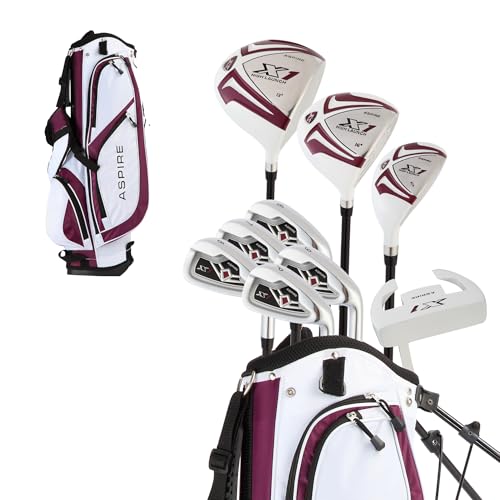 Aspire X1 Womens Golf Clubs Full Set, Includes Driver, Fairway, Hybrid, 6-PW Irons, Putter, Stand Bag, 3 H/C's, Light Graphite Shafts, Golf Clubs Women Right Handed, Purple, Regular or Petite Size