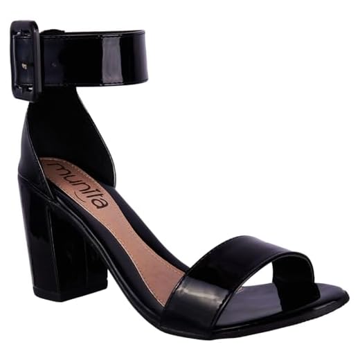Sandália Feminina Salto Grosso Bloco Alto Confortável Moderna Clássica Fashion Munita (Preto Verniz, BR, Adulto, Numérico, 37)