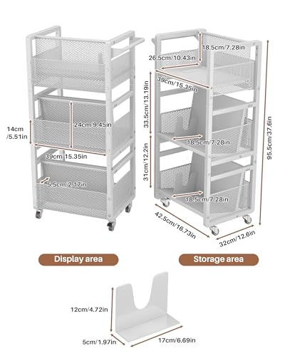 Stelhold 3-Tier Heavy-Duty Book Cart with Wheels, Dual-Sided Rolling Bookshelf with 3 Magnetic Bookends & 2 Lockable Wheels, Library Cart with Handle for Office, Living Room, Study-White