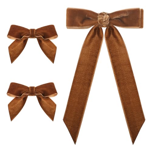 3 Pcs Velvet Hair Bow Brown Hair Ribbon Clips, Long Tail Hair-Bows Clips, Hair-Clips Outfit Decor Accessories, Fall Brown Velvet Ribbon Alligator Barrettes for Women