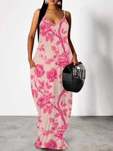 Image of Women Spaghetti Strap Maxi Dress with Pockets | Soft fabric relaxed fit sleeveless v neck with pockets for party and daily wear