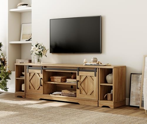 Image of WAMPAT Farmhouse TV Stand for 80-85 inch TV with Distressed Wood Finish