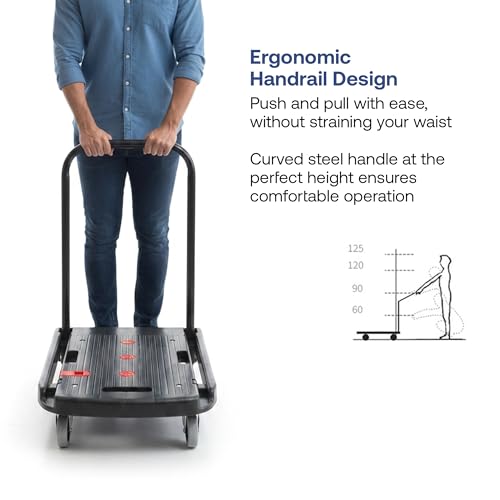 Image of Bonkaso 150 Kg Capacity Foldable Platform Trolley | Portable Polypropylene Cart with 3-Inch Wheels | Compact Storage, Ideal for Office, Warehouse & Home Use (59x39x77 cm) Black
