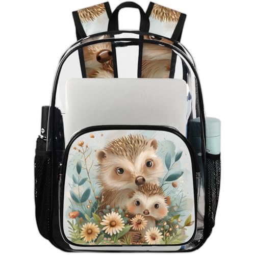 Watercolour Hedgehogs Flower Clear Backpack Stadium Approved PVC Backpacks for Adults Heavy Duty Clear Bag for Work Security Travel College