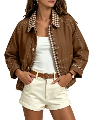 Aimiray Women's Barn Cropped Jacket Lightweight Vintage Plaid Bomber Coat